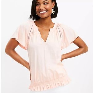LOFT Smocked Peasant Tee with Flutter Sleeves & Elastic Hem Light Pink - Small